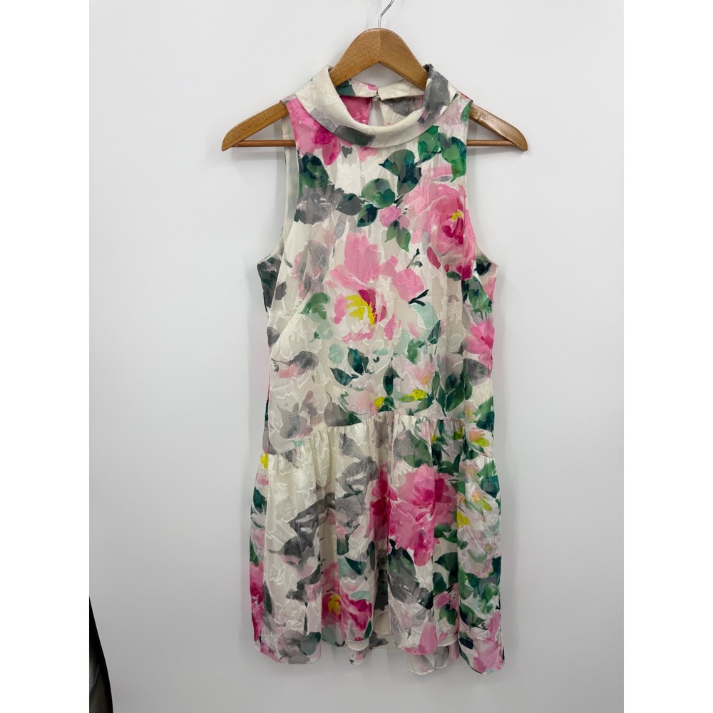 Eliza J Floral Burnout Drop Waist Dress Women 8 Pink Green Sleeveless Mock Neck